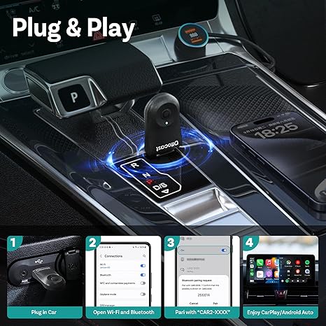 OTTOCAST Mini 2in1 Wireless Carplay Adapter for Apple iPhone with GPS Passthrough, Android Auto Car Adapter, Plug & Play