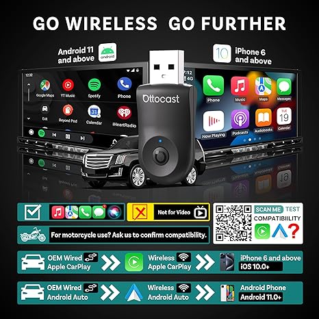 OTTOCAST Mini 2in1 Wireless Carplay Adapter for Apple iPhone with GPS Passthrough, Android Auto Car Adapter, Plug & Play