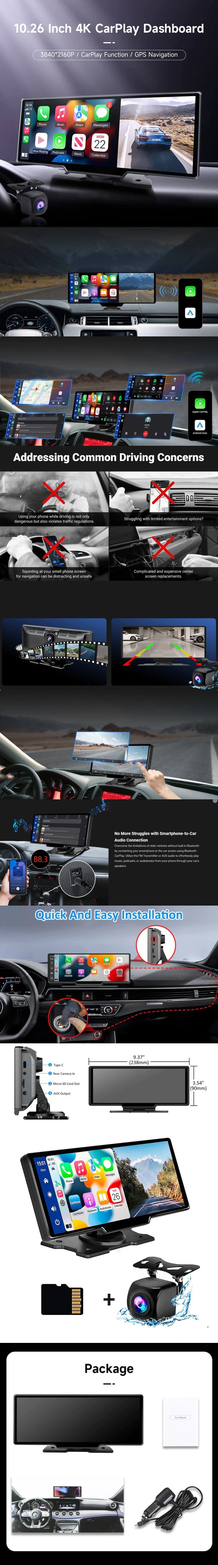 Smart World Carplay4all 10-Inch Wireless CarPlay and Android Auto Retrofit Display any Car App2car Display with GPS and front and reverse rear camera