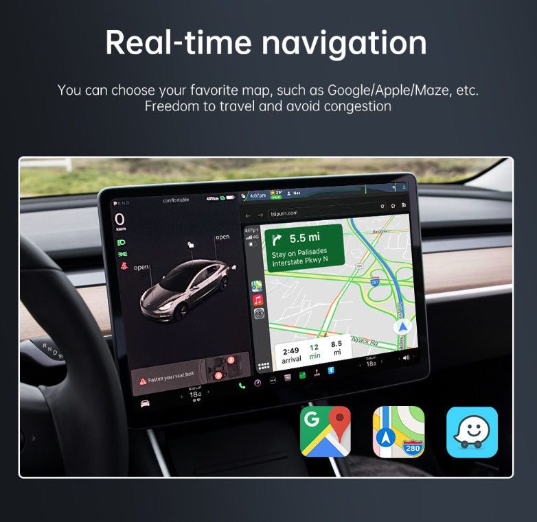 CP-AA-T Wireless CarPlay and Android Auto Upgrade for Tesla with Hands-Free Siri Control, More Navigation and Music Apps